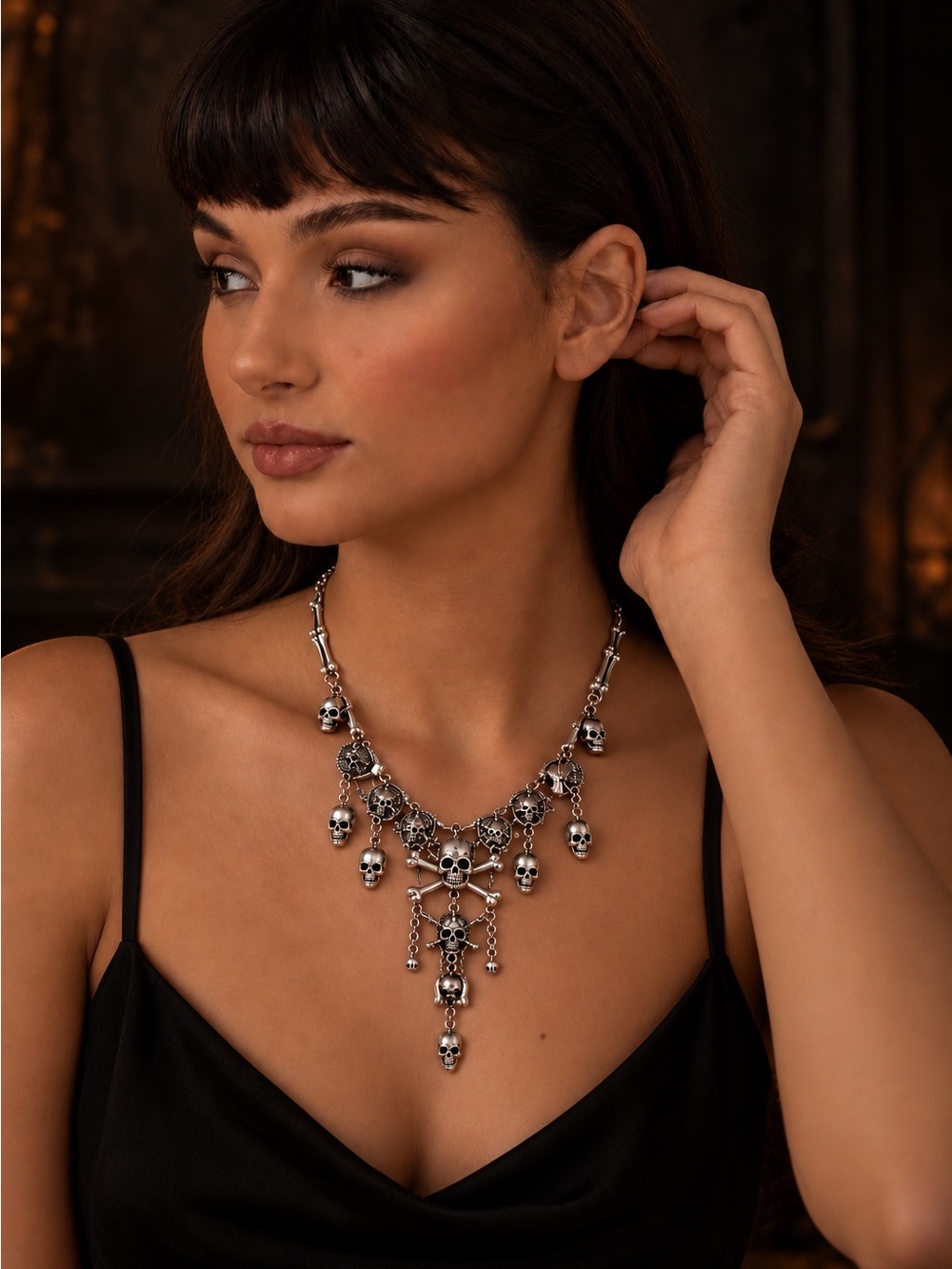 Halloween Silver Skull Statement Necklace